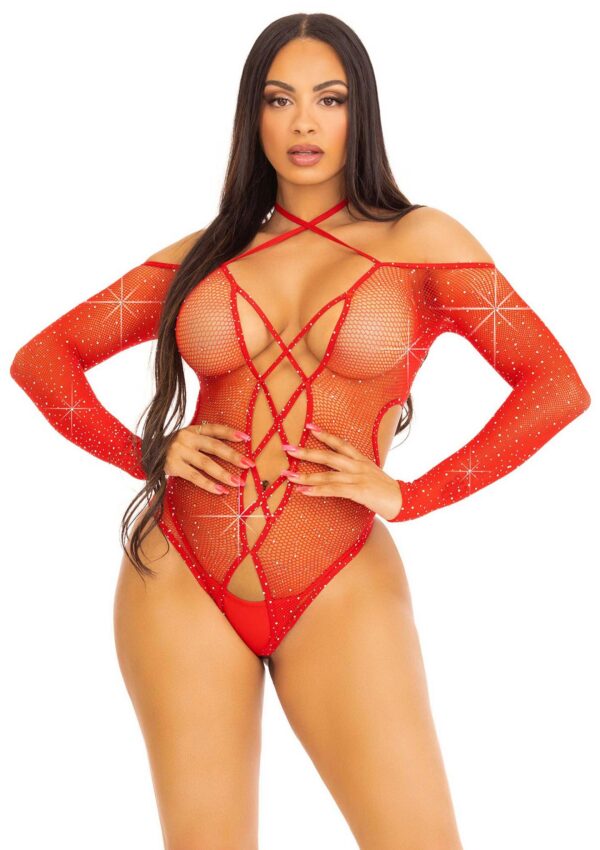 Crotchless teddy with halter Red