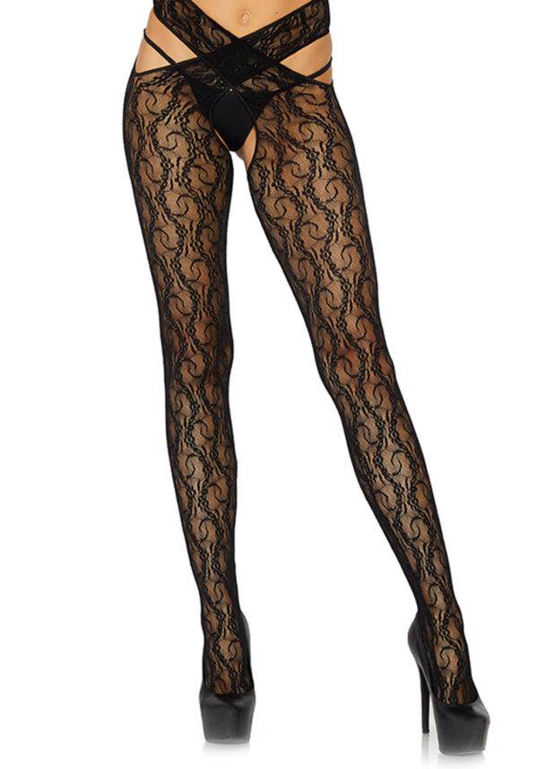 floral crotchless wrap tights Black